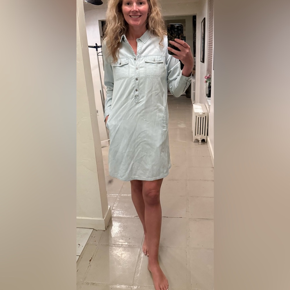 Eileen Fisher Chambray Shirt Dress M Tencel Cotton Pockets Button Front Casual - Picture 3 of 12